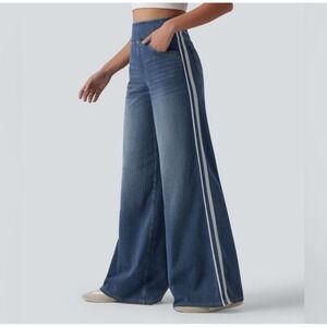 NWOT Halara Flex Womens High‎ Waisted Stripe Wide Leg Flowy Jeans L Pockets